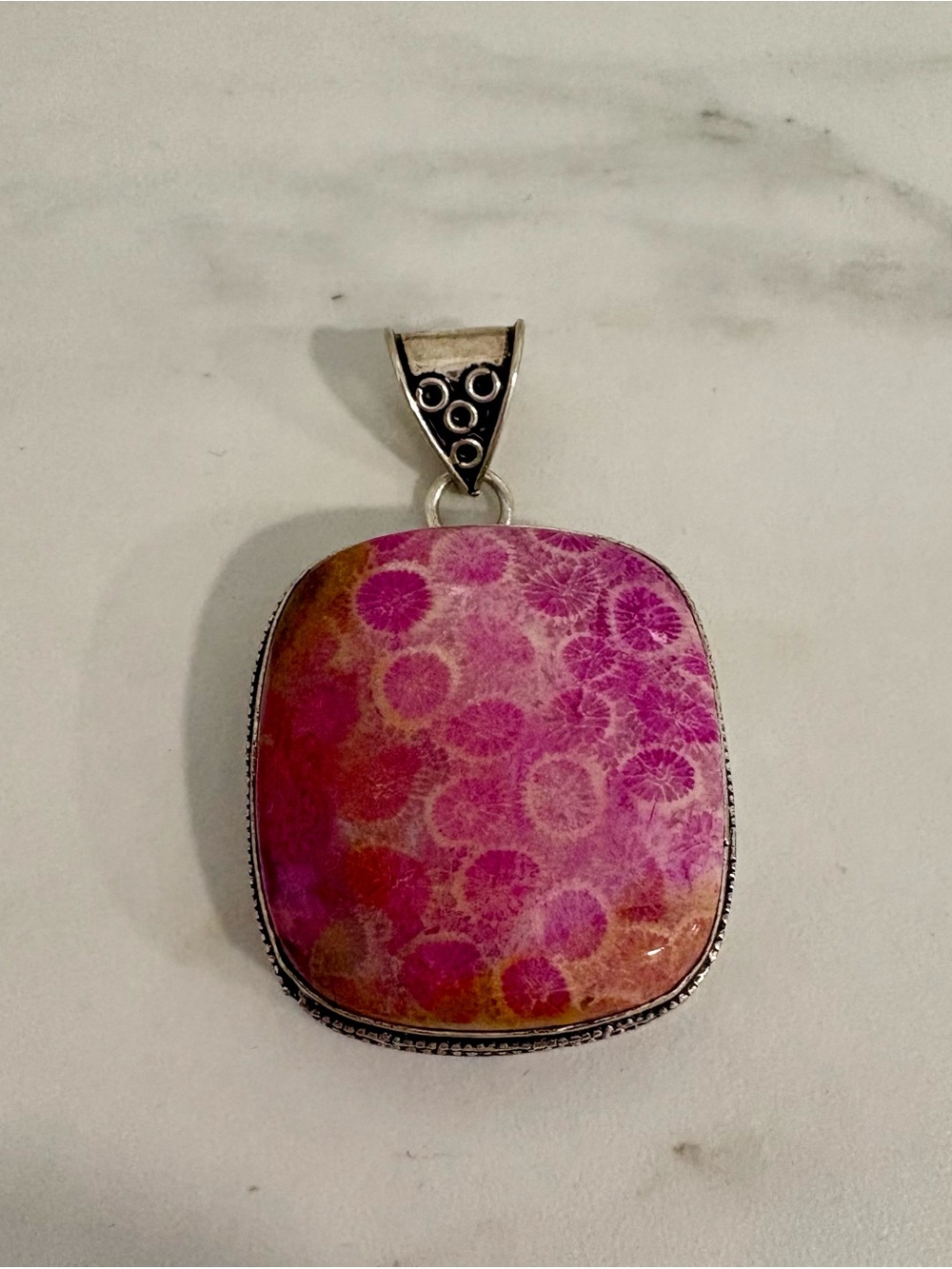 Pink Fossil Coral Pendant Necklace in Sterling Silver Setting